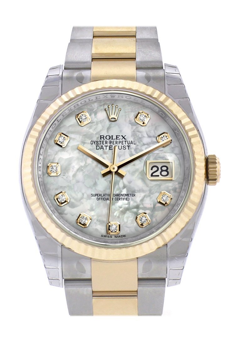Datejust 36 White mother-of-peaDiamond Dial Fluted 18K Gold Two Tone Oyster Watch 116233