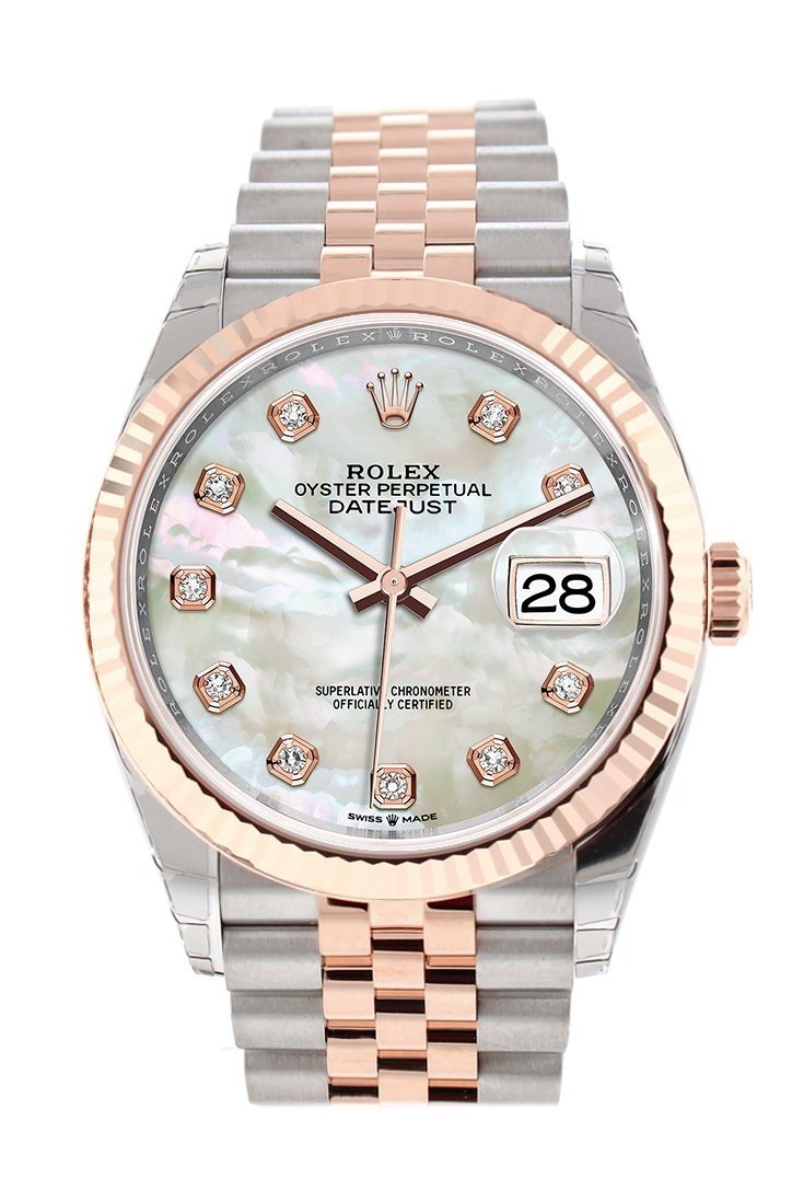 Datejust 36 White Mother-of-PeaSet with Diamonds Dial Fluted Rose Gold Two Tone Jubilee Watch 126231 NP
