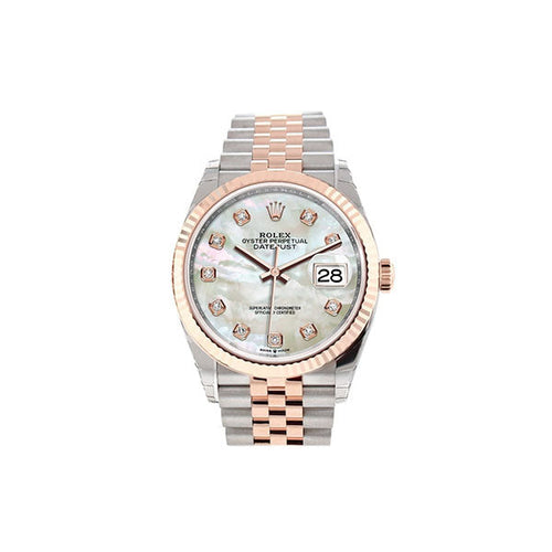 Datejust 36 White Mother-of-PeaSet with Diamonds Dial Fluted Rose Gold Two Tone Jubilee Watch 126231 NP