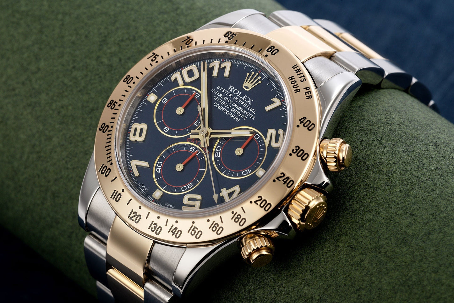 Daytona Steel Yellow Gold Blue Racing Dial Mens Watch 116523